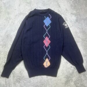 Lyle & Scott St Andrews Sweater Mens M Navy Argyle Golf Old Course Embroidered